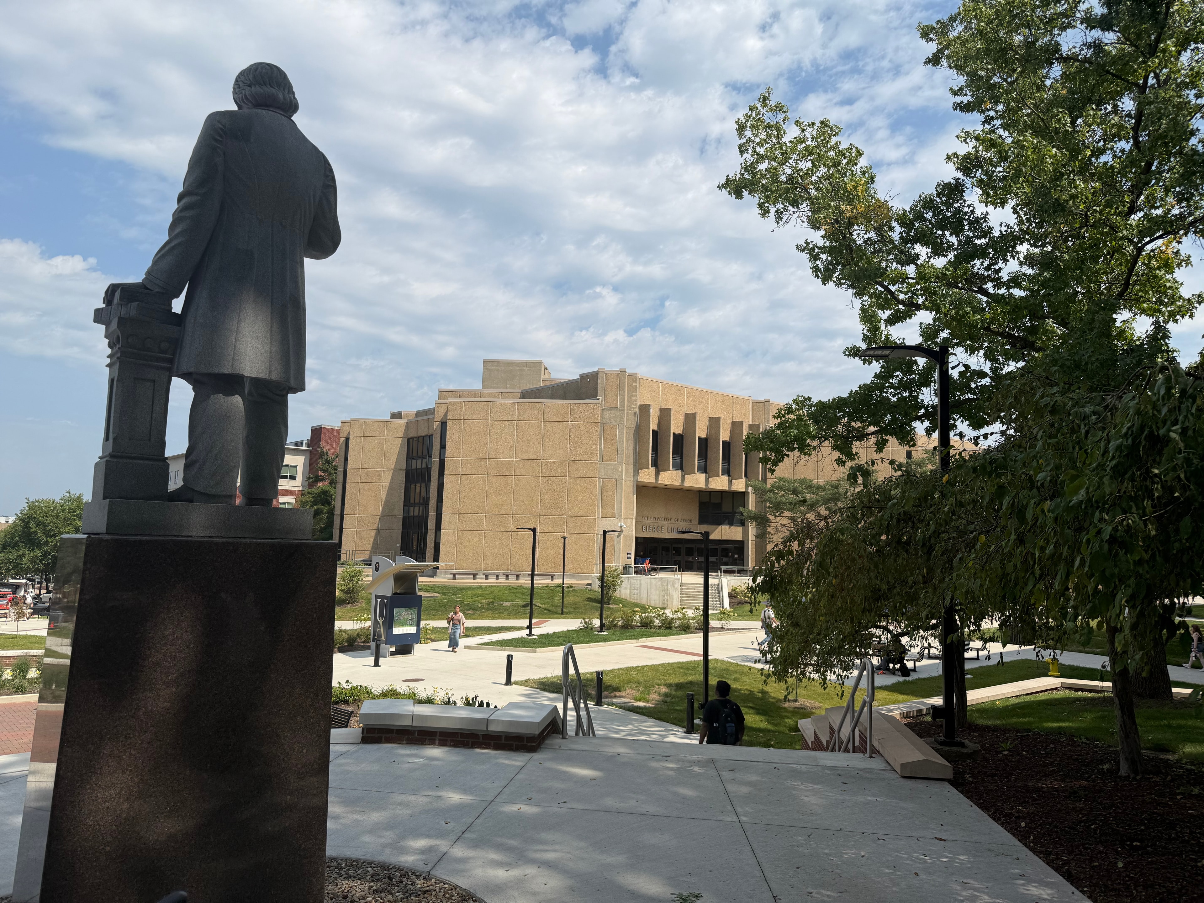 University of Akron campus view with Buchtel statue