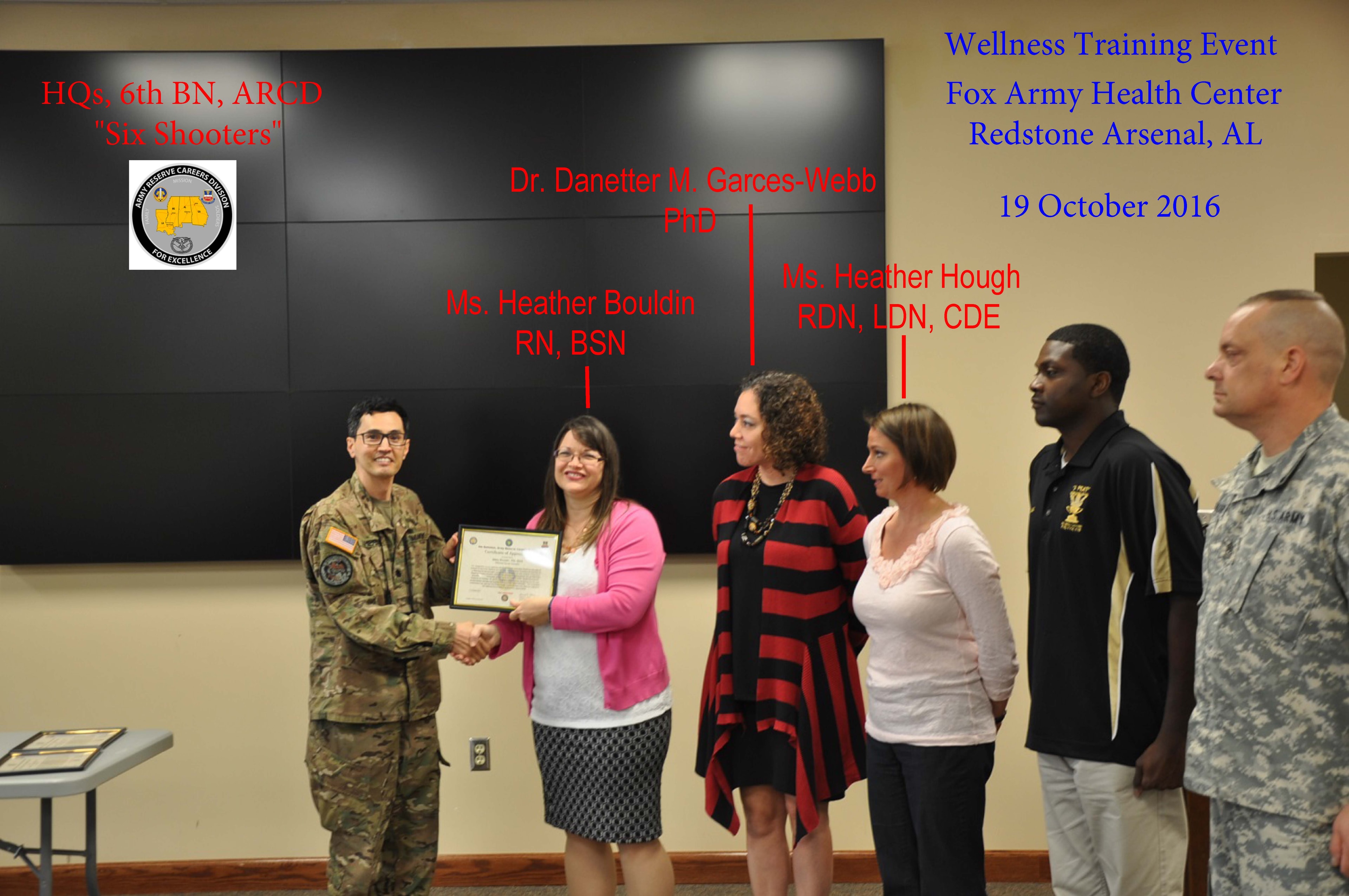 Wellness Training Event certificate presentation, HQs 6th BN ARCD, Fox Army Health Center, Redstone Arsenal, AL, 19 October 2016