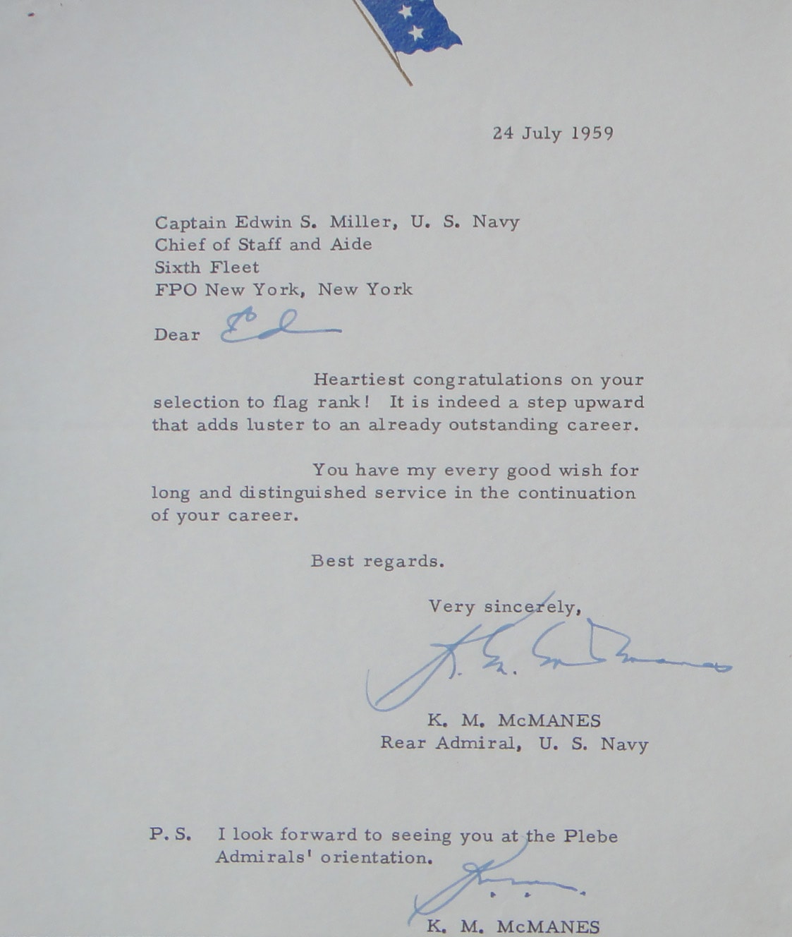 Letter of congratulations to CAPT Edwin S. Miller on selection to flag rank, 24 July 1959