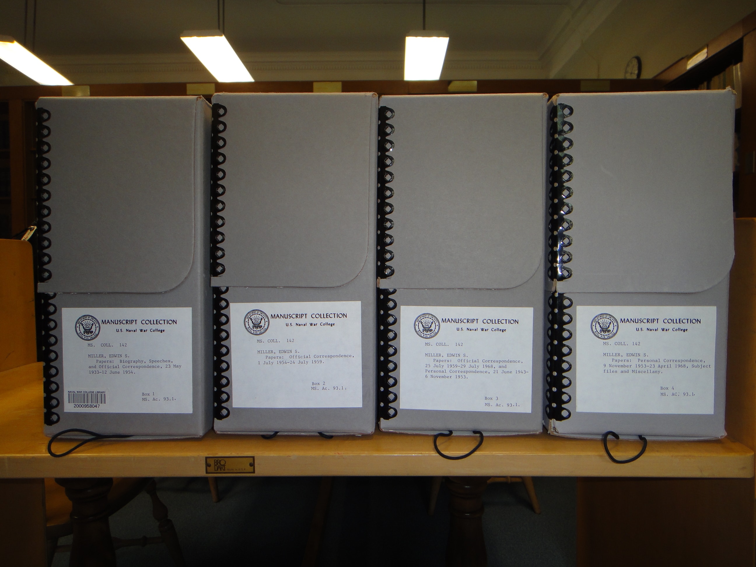 Four RADM Edwin S. Miller manuscript collection boxes, Ms. Coll. 142