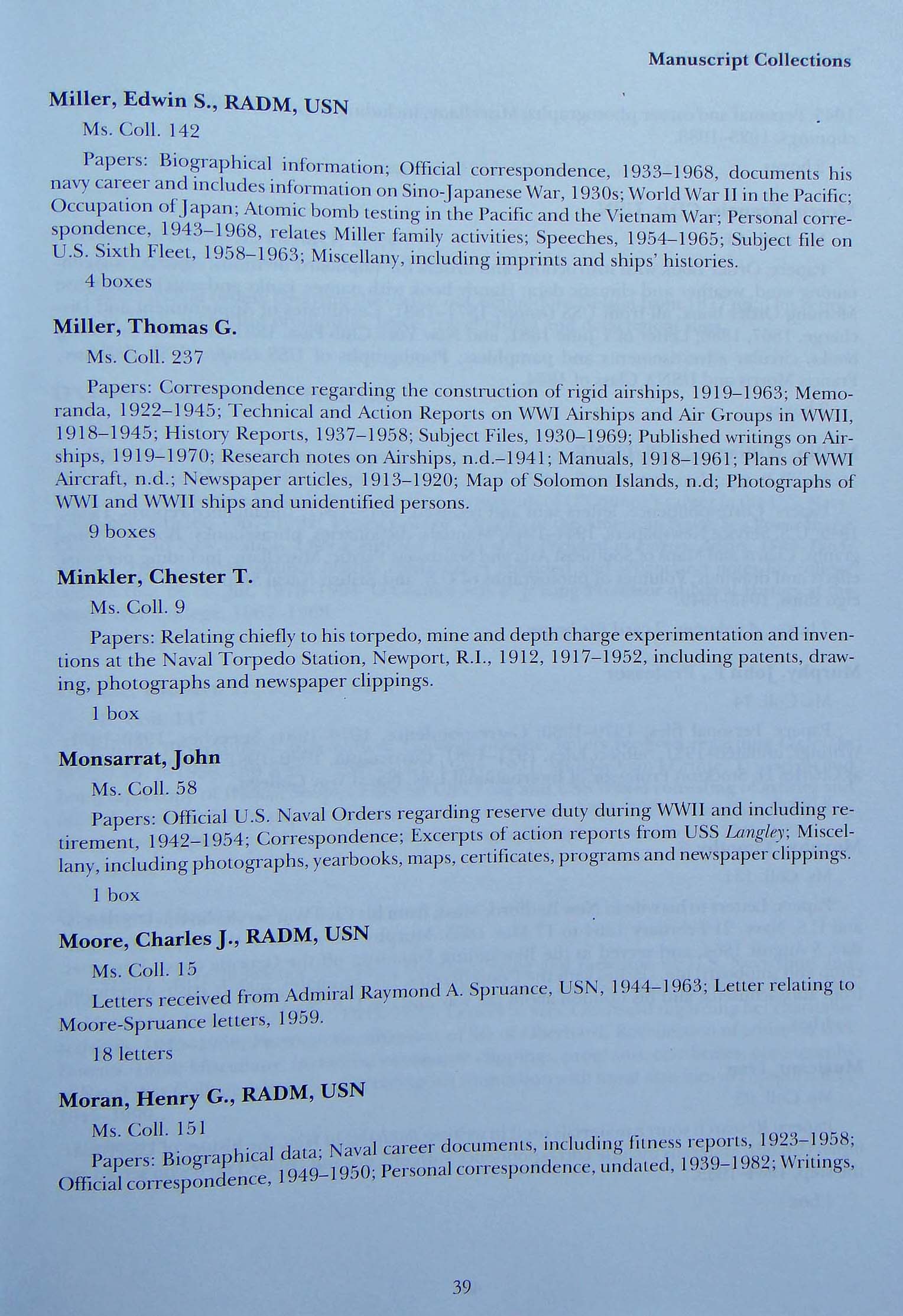 Manuscript Collections catalog listing — RADM Edwin S. Miller, Ms. Coll. 142