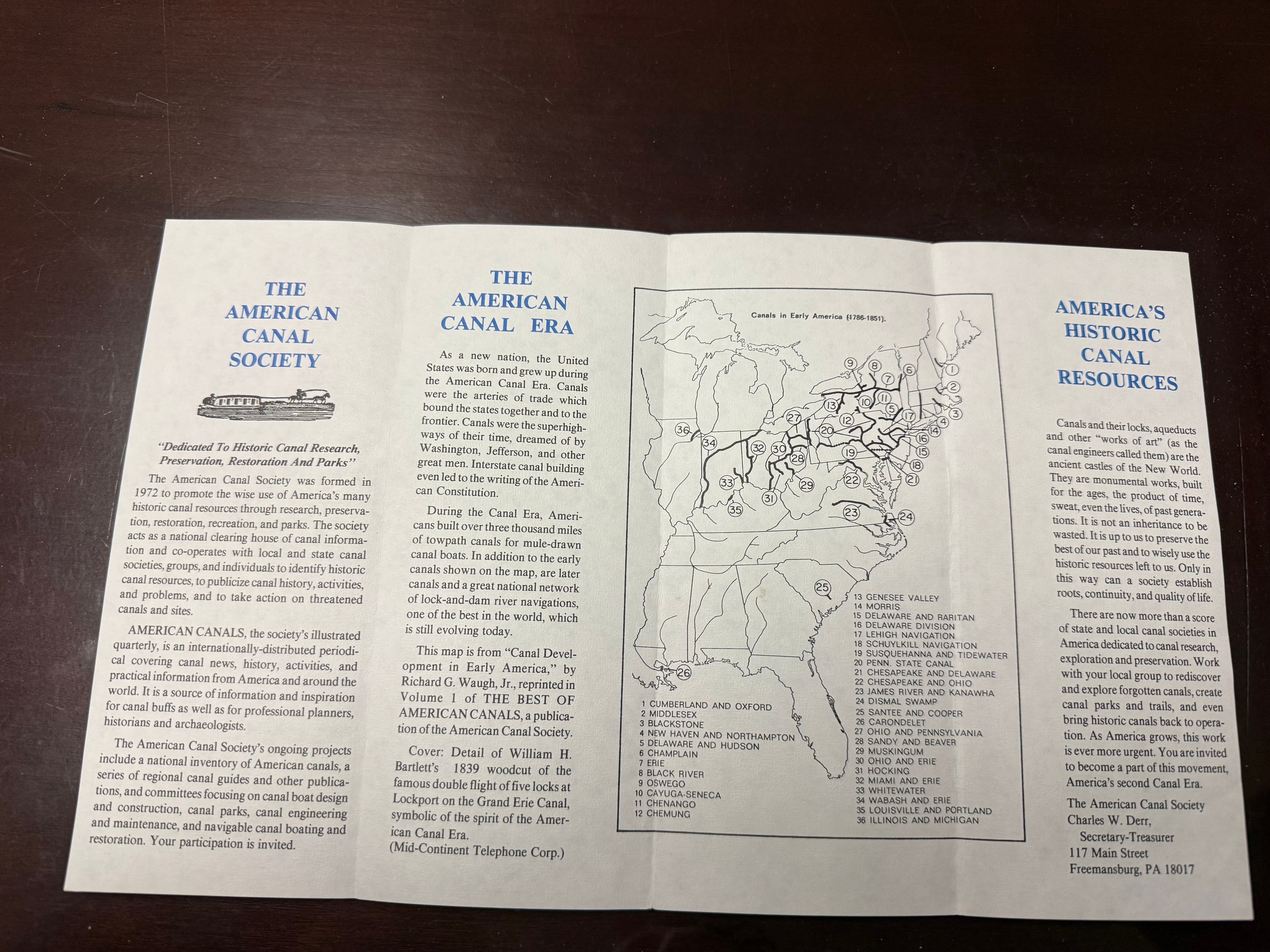 American Canal Society brochure with map of early American canals