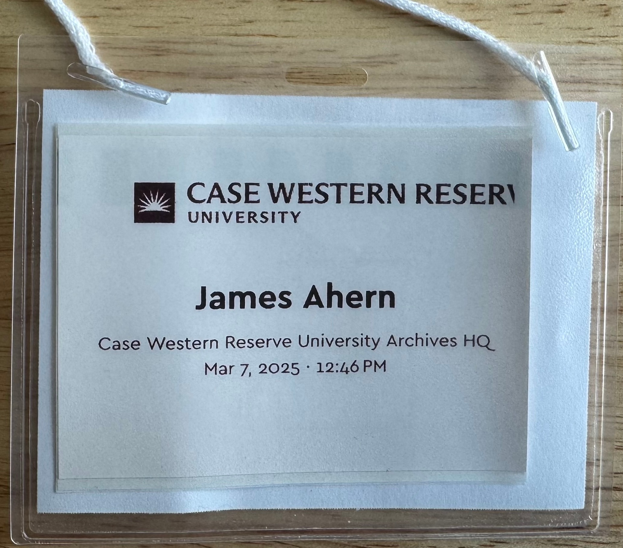 CWRU Archives visitor pass, March 7, 2025
