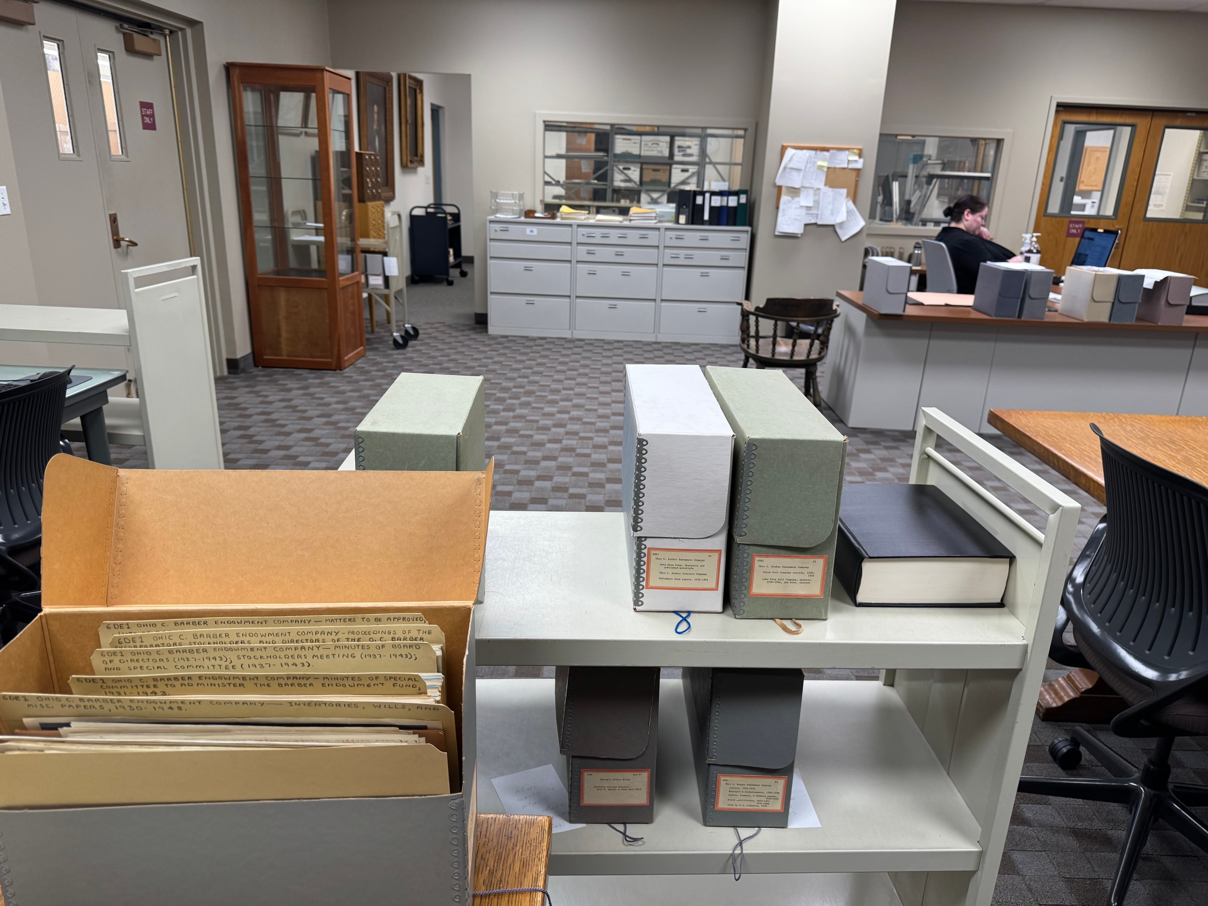 CWRU Archives research room, archival boxes and folders
