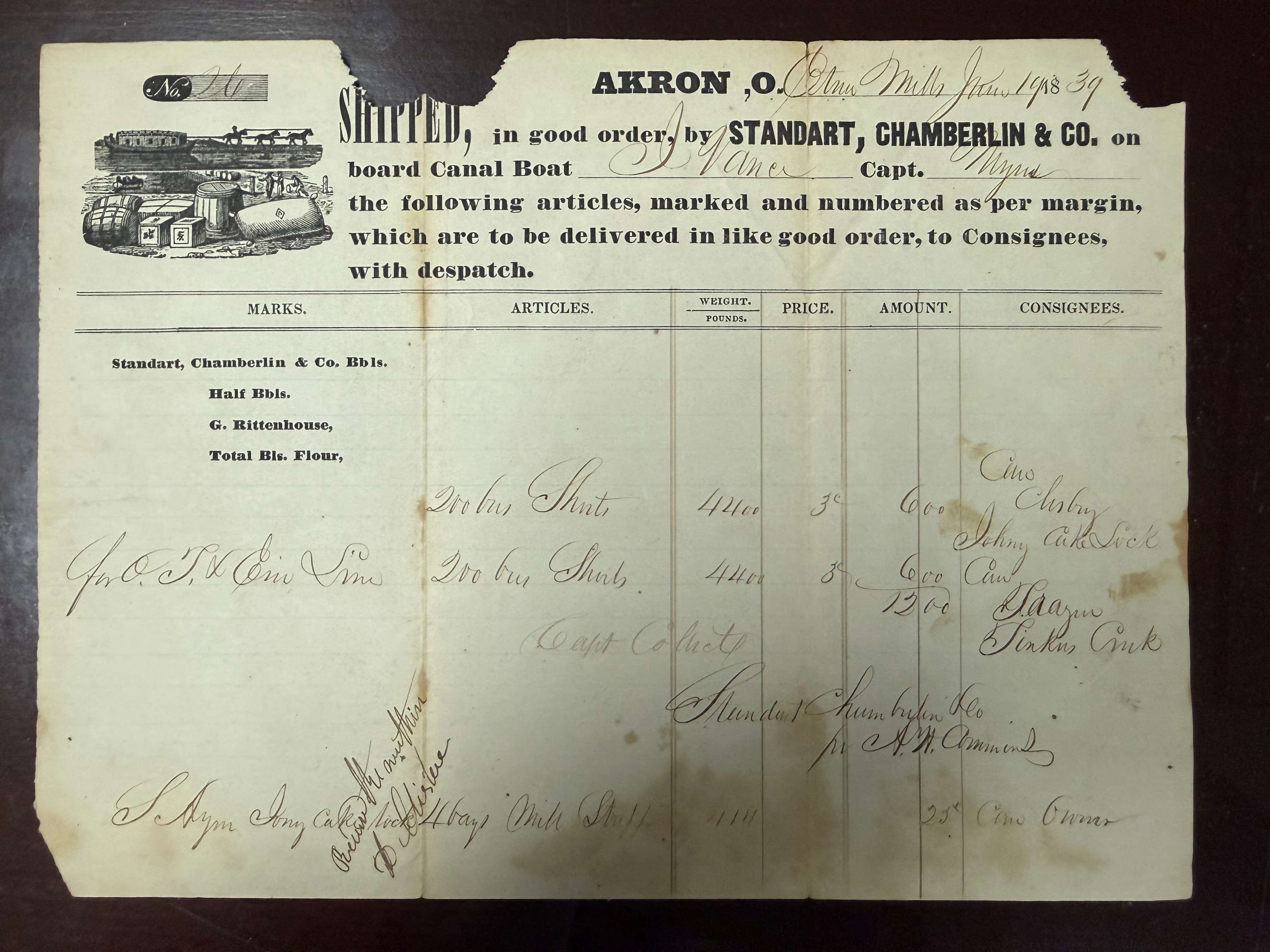 1839 Akron Ohio and Erie Canal shipping receipt