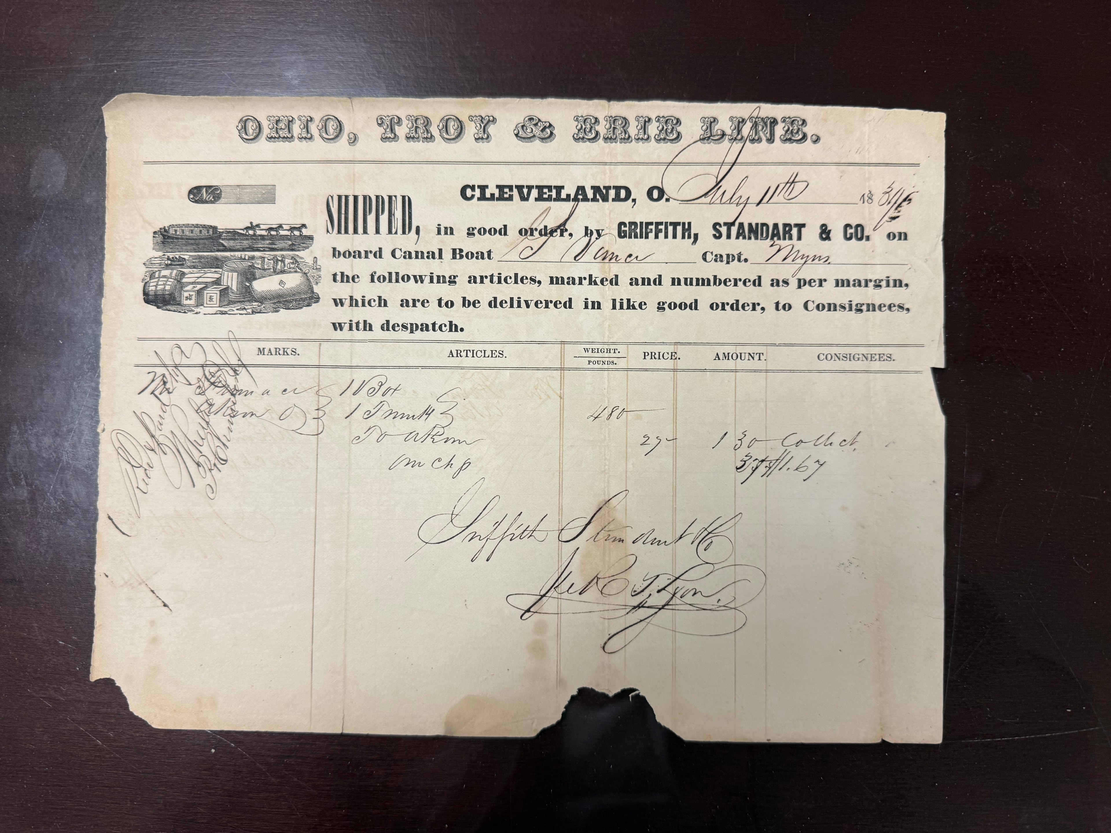 1839 Cleveland Ohio and Erie Canal shipping receipt