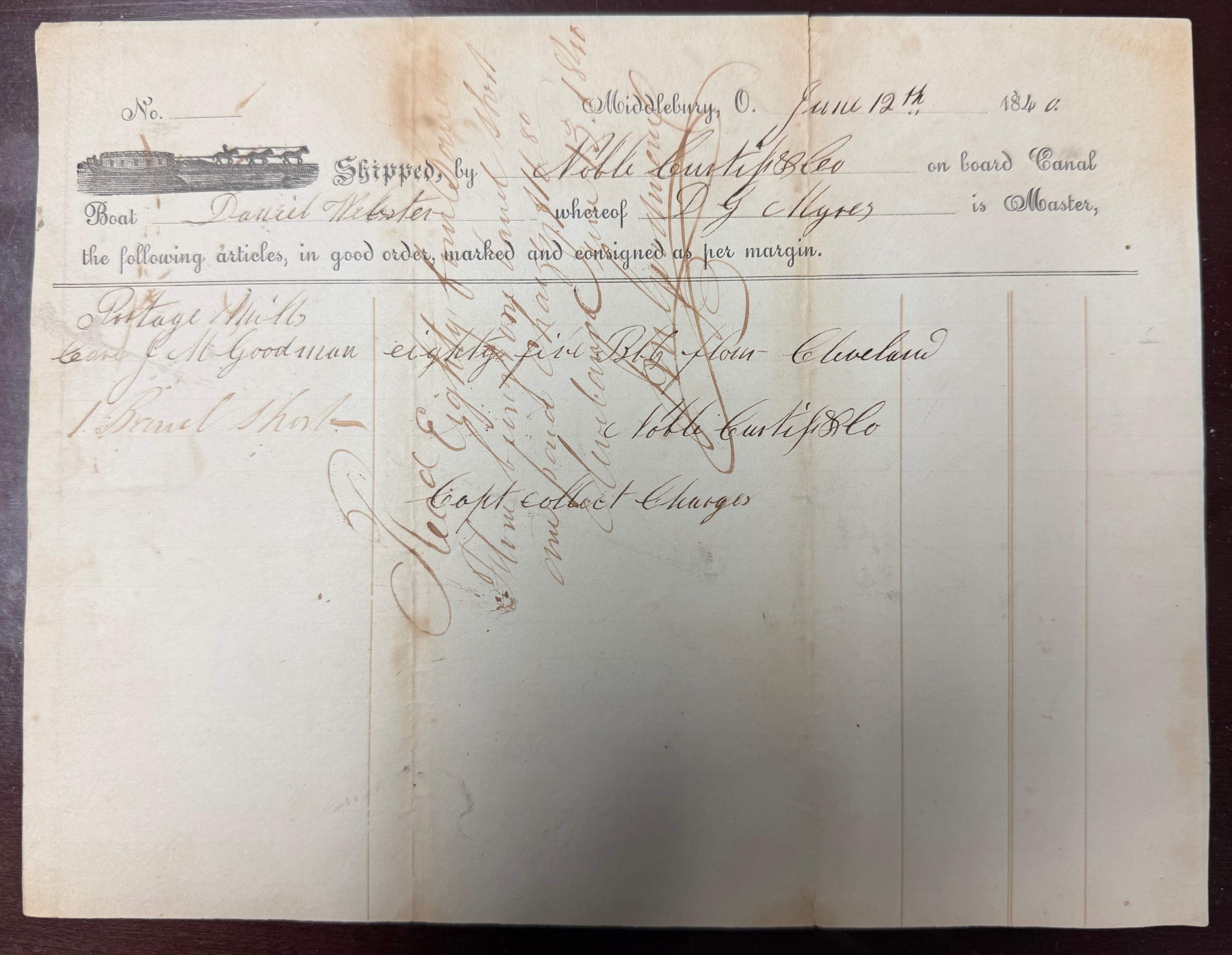 1840 Middlebury Ohio and Erie Canal shipping receipt
