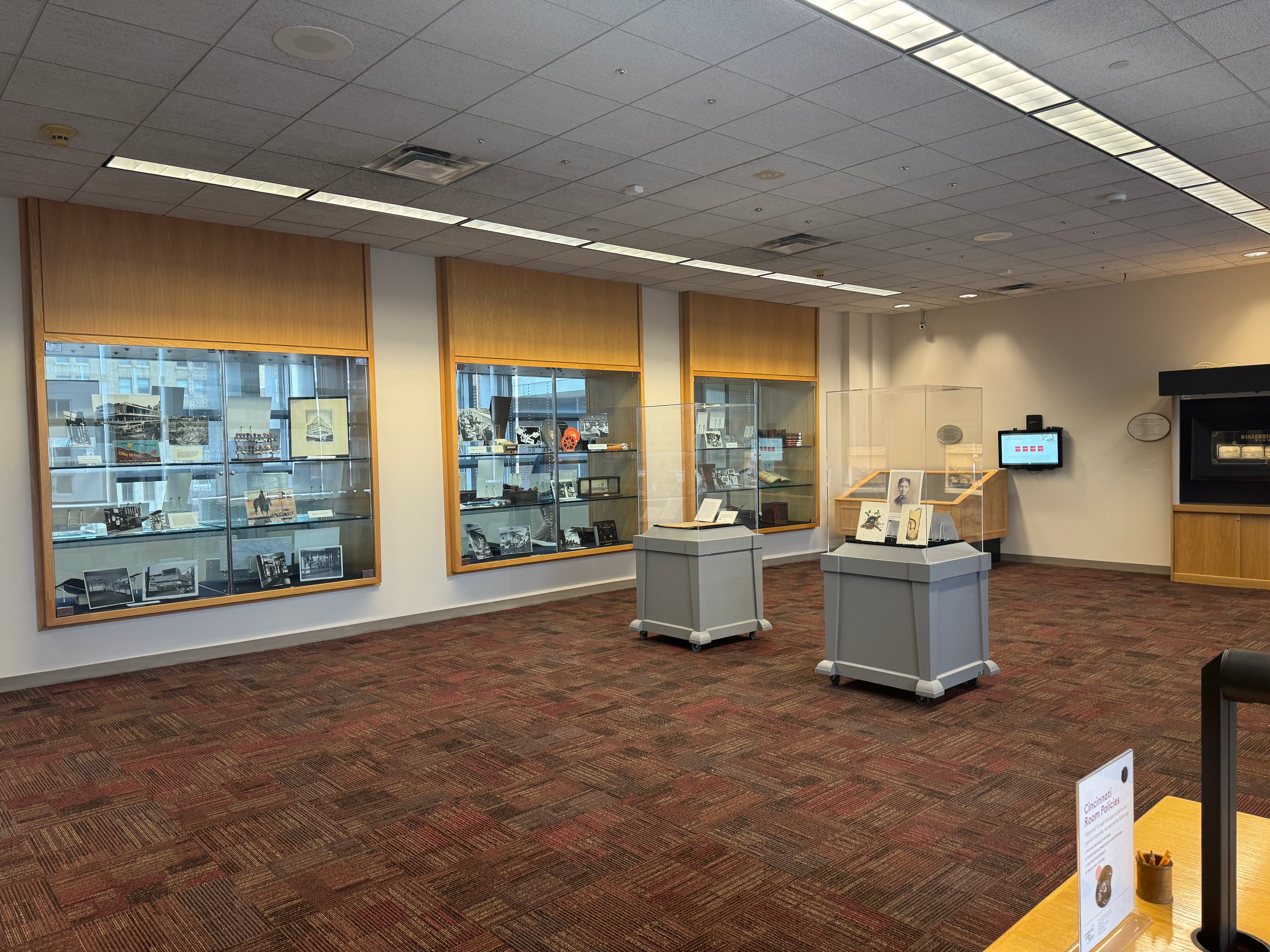 Cincinnati Room special collections exhibition cases — archival artifacts