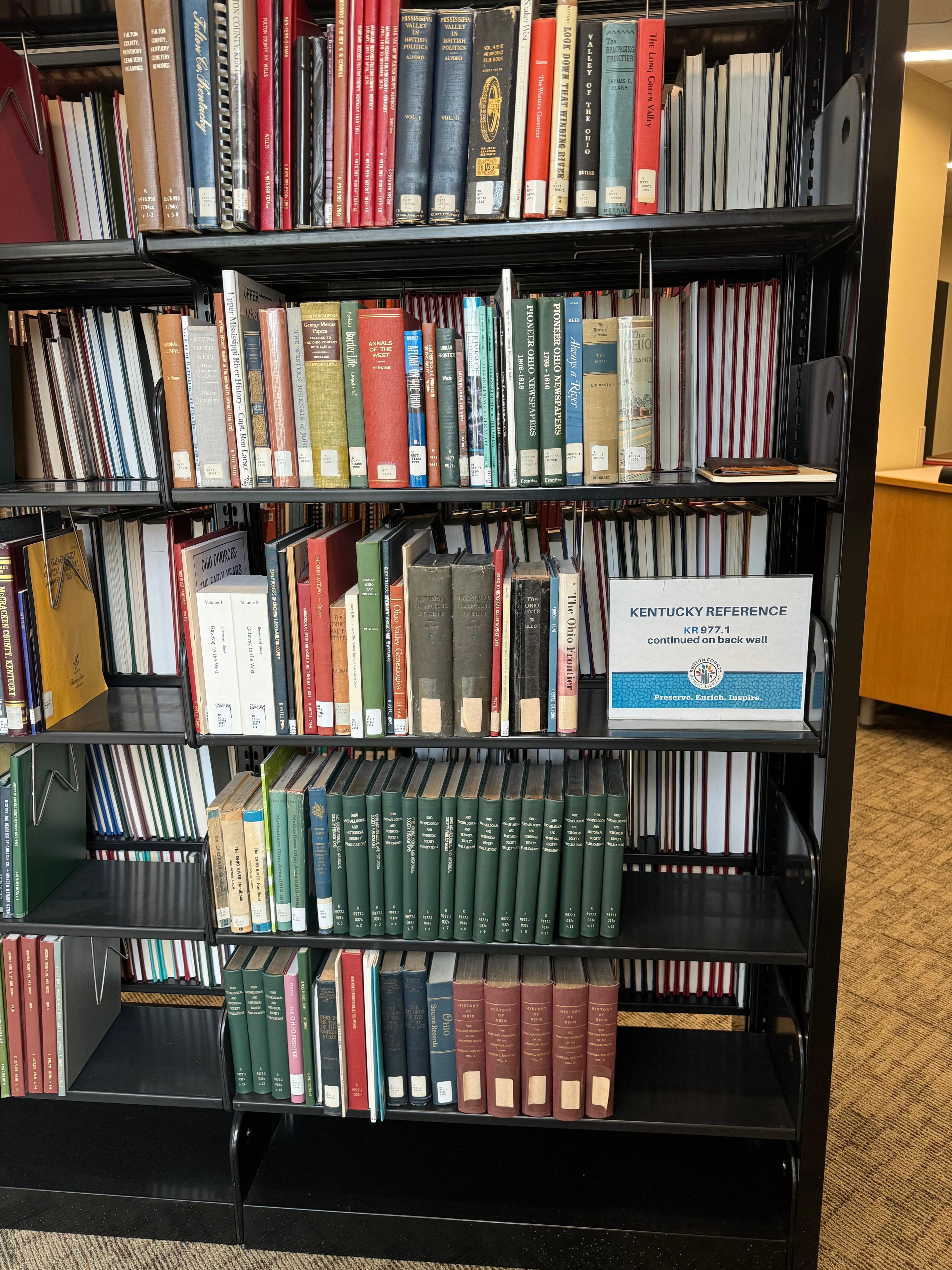 Covington Public Library Kentucky Reference stacks — close-up of regional history volumes
